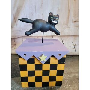 Wooden Halloween cat checkered box decor orange black star